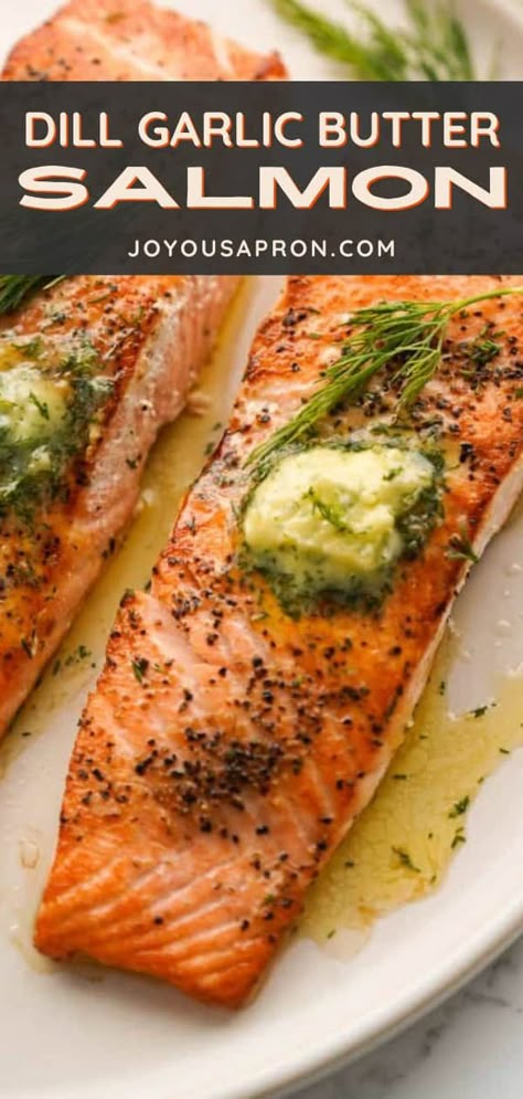 Pan seared salmon seasoned with garlic dill butter compound. A simple and flavorful salmon dinner ready quickly under 15 minutes! Dill Mustard Salmon, Roasted Dill Salmon, Dill Salmon Recipes Baked, Dill Butter Salmon, Dijon Dill Salmon, Salmon And Dill Sauce, Salmon And Dill Recipes, Salmon Recipes With Dill, Creamy Dill Salmon