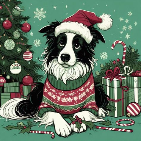 Dog Christmas Drawing, Christmas Border Collie, Border Collie Christmas, Dog Caricature, Dog Animation, Dog Christmas Card, Dog Sketch, Christmas Border, Animal Doodles