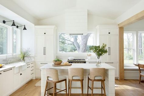 Picture Window Above Stove - Cottage - Kitchen Window Above Stove, Kitchen Island Finishes, Kitchen Window Shelves, Tiny Cottage Kitchen, Shiplap Kitchen, Kitchen Island Tops, Cottage Kitchen Design, Rustic Wood Floating Shelves, Black White Kitchen