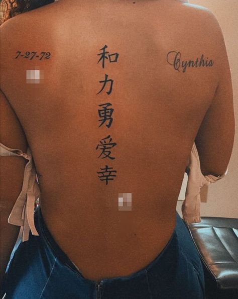 Chinese Tattoo Down Spine, Kanji Spine Tattoo, Kanji Back Tattoo, Back Tattoo Women Spine Chinese, Spine Tattoos For Women Chinese Symbols, Meaningful Chinese Tattoo Quotes, Chinese Back Tattoo, Japanese Spine Tattoo, Tattoo Down Spine