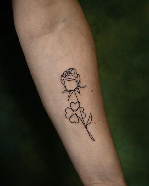 Clover Line Tattoo, Fine Line Clover Tattoo, Mens Clock Tattoo, Irish Flower Tattoo, Small Irish Tattoos, Clover Tattoo Ideas, Rose Thorn Tattoo, Shamrock Tattoo, Flower Side Tattoo