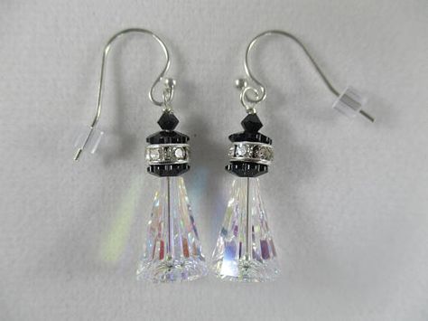 lighthouse earrings lighthouse wedding gift crystal lighthouse jewelry nautical earrings dangle beac Lighthouse Jewelry, Lighthouse Earrings, Washer Crafts, House Earrings, Lighthouse Wedding, Iridescent Earrings, Lighthouse Beach, Nautical Earrings, Beaded Earrings Diy