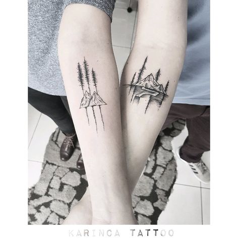 Outdoors Couple Tattoos, Mountain Tattoo For Couples, Couples Tattoos Mountains, Couple Mountain Tattoos, Couples Mountain Tattoo, Mountain Couple Tattoo, Nature Matching Tattoos, Meaningful Couple Tattoos, Flesh Art