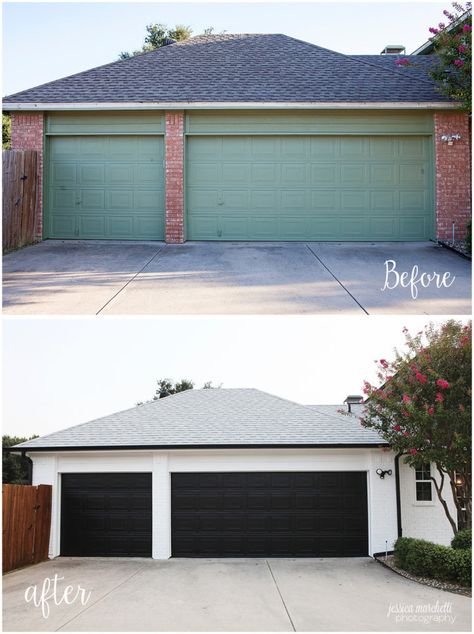 Home Reveal! White Painted Brick for the Win [Exterior Home Photography] — Jessica Marchetti Photography and Web Services Black Gutters, Black Garage, Painted Brick House, Front Door Makeover, Trim Board, Orange Brick, Garage Door Makeover, Garage Door Design, Opposite Colors