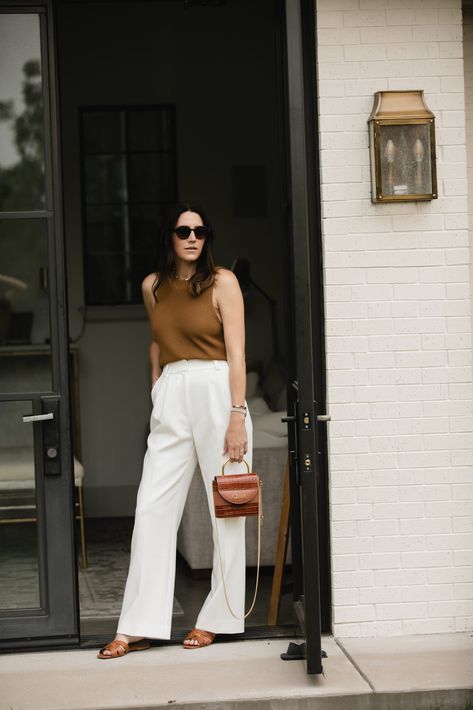 https://thegraydetails.com/15-brown-and-white-outfits/ White Trousers Outfit Classy, Saint Laurent Tribute Sandal, Style White Pants, White Pants Outfit Summer, White Trousers Outfit, Shift Dress Outfit, White Linen Pants Outfit, Slacks Outfit, White Blazer Outfits