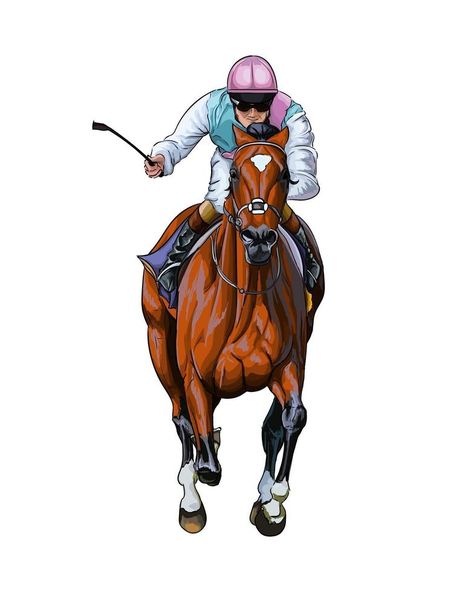 Horse racing with a jockey from splash of watercolors, colored drawing, realistic, Horseback riding. Vector illustration of paints Horse And Jockey Drawing, Race Horse Drawing, Colorful Horse Art, Barnwood Projects, Kathiyawadi Horse, Racing Horse, Drawing Realistic, Horse Race, Horse Logo