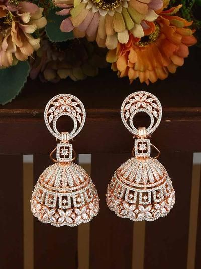 Diamond Jhumkas, American Diamond Earrings, Jhumka Designs, Diamond Pendants Designs, Gold Chain Design, Stylish Short Dresses, Gold Bridal Jewellery Sets, Wedding Jewellery Collection, Earring Trends