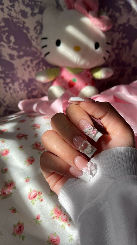 Pink Birthday Nails Hello Kitty, Pink Hello Kitty Nails Simple, Cute Simple Hello Kitty Nails, Nails Acrylic Coffin Hello Kitty, Glitter Hello Kitty Nails, Nail Idea Hello Kitty, Pink And White Hello Kitty Nails, Hello Kitty Spring Nails, Hello Kitty Nails Valentines