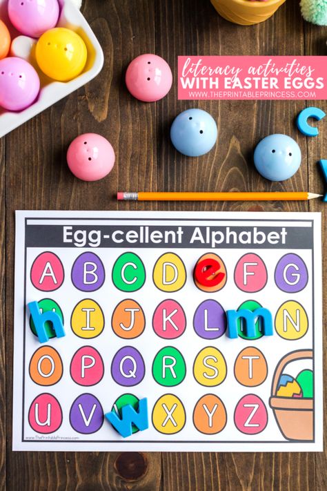 Easter Egg Literacy Activities for Kindergarten {Freebies Included!} Easter Language And Literacy Activities Preschool, Easter Egg Literacy Kindergarten, Easter Center Activities Preschool, Easter Egg Learning Activities, Easter Egg Matching Printable, Easter Egg Preschool Activities, Easter Alphabet Activities, Easter Language Activities Preschool, Preschool Egg Activities