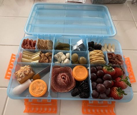 Snacks On The Go! Tackle Box Charcuterie Ideas - ICA Tackle Box Charcuterie, Pool Snacks, Charcuterie Ideas, Snacks On The Go, Jar Of Jam, Types Of Candy, Appetizer Platters, Creative Recipes, Pickled Vegetables