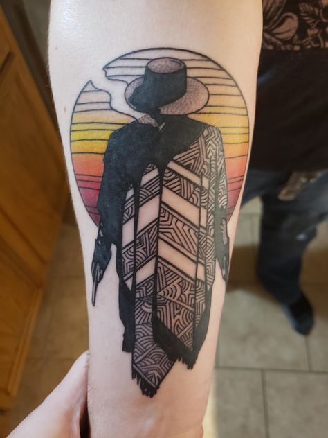 Chad Smalley @ Old Soul Tattoo Boise ID Western Geometric Tattoo, Old Soul Tattoo Ideas, Soul Tattoo Ideas, Old Western Tattoos, Western Tattoos For Men, Cowboy Tattoos For Men, Traditional Western Tattoo, Old Soul Tattoo, Western American Traditional Tattoo