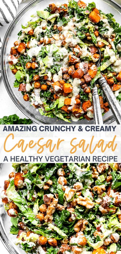 Crispy Chickpea, Kale Caesar, Kale Caesar Salad, Gluten Free Salads, Vegetarian Salad Recipes, Vegetarian Meal Prep, Salad Meal Prep, Vegetarian Salads, Hearty Salads