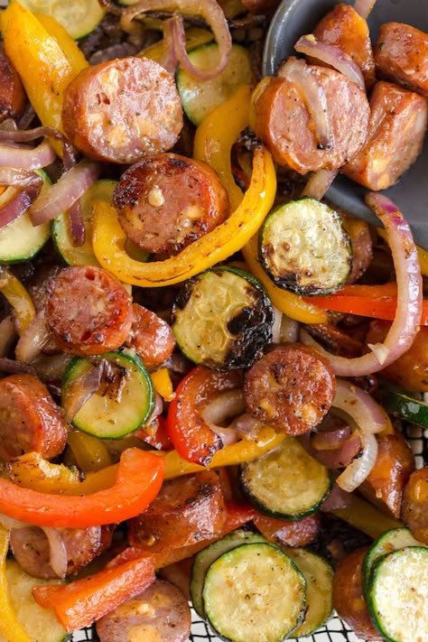 Grilled Cheddar Sausage and Pepper Skillet | greens & chocolate Sausage Dinner Ideas, Summer Sausage Recipes, Pepper Skillet, Smoked Sausage Recipes, Sausage Dinner, Sausage Peppers, Seasoned Veggies, Griddle Recipes, Griddle Cooking