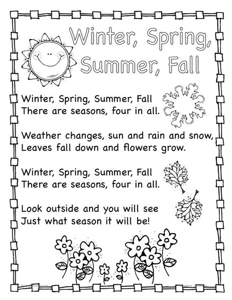 Weather Prek, Seasons Poem, Seasons Song, Spring Poem, Autumn Poems, Classroom Songs, Music Week, Goodbye Summer, Language Worksheets