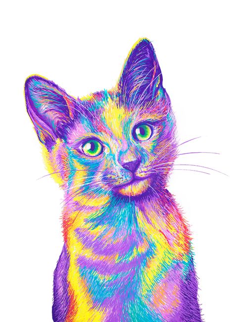 Portraits Colorful, Dog Portraits Art, Custom Portrait Illustration, Acrylic Markers, Posca Art, Crayon Art Melted, Rainbow Cat, Feline Animals, Pets Funny