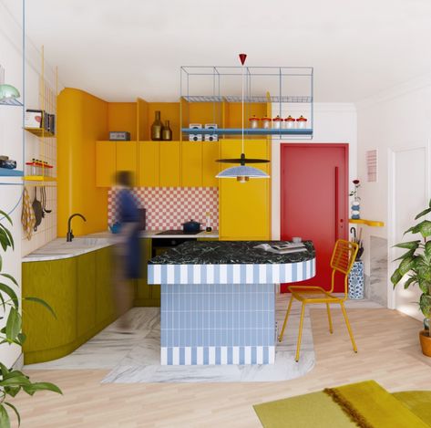 Colorful Eclectic Kitchen, Mallorca House, Colourful Kitchen, Colorful Eclectic, Eames House, Airbnb Design, Eclectic Kitchen, Elle Decoration, Colored Interior