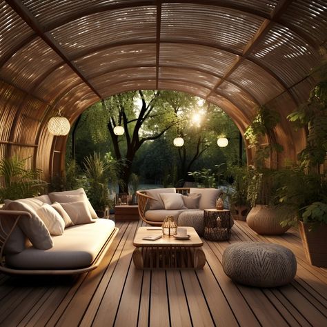 "Beneath the open sky, a covered outdoor seating area invites tranquility. The melding of nature and shelter creates an ideal space to unwind, sip a drink, and relish moments of serenity." Outdoor Seating Area, Garden Inspo, Open Sky, Outdoor Decor Backyard, Small Yard, Koi Pond, A Drink, Relish, Outdoor Walls