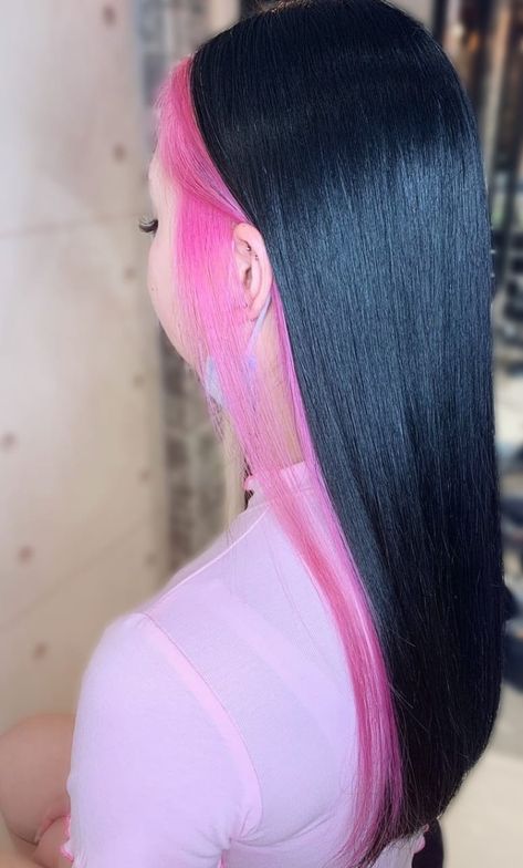 Half Pink Half Black Hair Short, Black Hair With Pink Money Pieces, Black Hair Pink Underneath, Black Hair Pink Money Piece, Black Hair With Pink Front Pieces, Half Black Half Pink Hair, Black And Light Pink Hair, Pink Streaks In Black Hair, Pink Hair With Black Tips