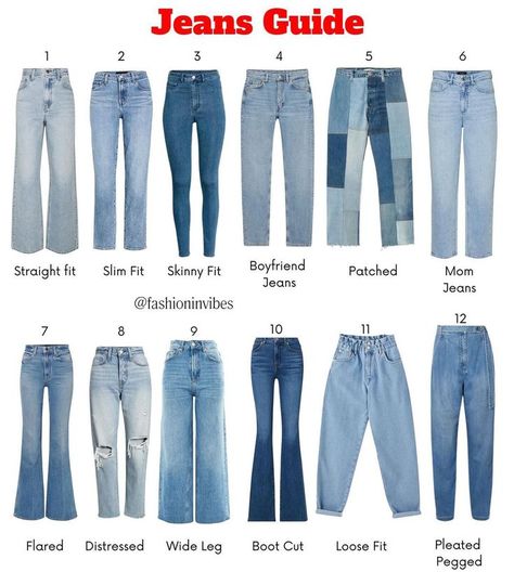 By: @fashion.selection on IG Types Of Bottom Wear For Women, Different Jeans Name, The Best Jeans For Women, Types Of Jeans Style, Jeans Name For Women, Jean Types Chart, Different Jeans Styles For Women, Types Of Denim Jeans, Types Of Jeans For Women