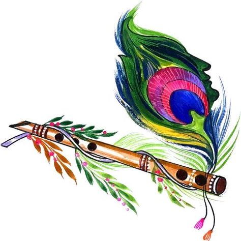 Krishna Flute Painting, Flute Painting, Flute Art, Flute Tattoo, Flute Drawing, Peacock Feather Tattoo, Krishna Flute, Fabric Painting Techniques, Fabric Painting On Clothes