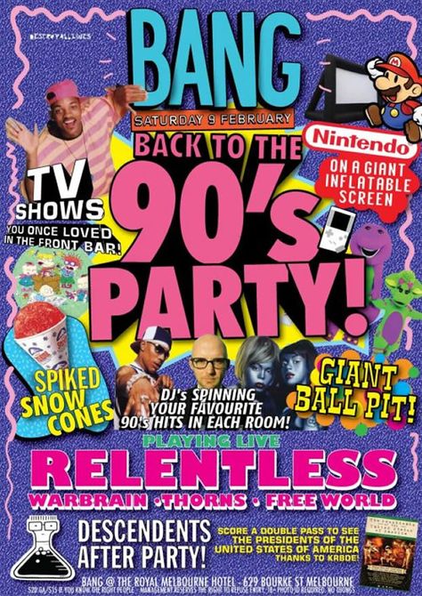 Back To The 90s Party, 90s Theme Party Decorations, 90s Night, Back To The 90's, 2000s Party, 90s Theme Party, Melbourne Hotel, Desain Editorial, 90s Theme