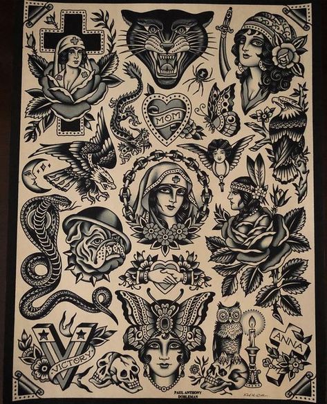 Paul Dobleman on Instagram: "You can find this poster and so much more in my new book... My Traditional Vision by @mikivialetto @tattoolifemagazine there is a presale happening right now, all the best and thank you for the support" American Classic Tattoo, Paul Dobleman, Traditional Tattoo Arm, Traditional Back Tattoo, Traditional Tattoo Man, Traditional Tattoo Stencils, Traditional Tattoo Flash Sheets, Traditional Tattoo Drawings, Tattoo Poster