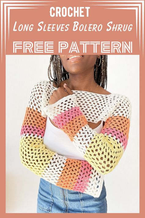 Free Crochet Long Sleeves Bolero Shrug Pattern Crochet Long Sleeve Bolero Pattern, Crochet Shrug With Sleeves, Free Crochet Shrug Patterns For Women, Crochet Mesh Shrug Pattern Free, Crochet Shrug Pattern Free Easy, Shrug Crochet Pattern Free, Bolero Crochet Pattern Free, Crochet Sleeves Pattern Free, Crochet Shrug Free Pattern