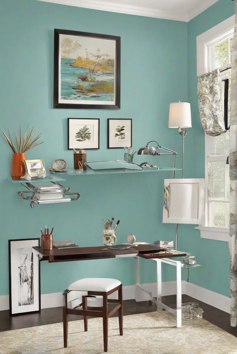 interior design, home decor, kitchen design, living room design
painting primer, color matching, home paint, wall paint Cyan Paint Color, Light Aqua Paint Color, Muted Turquoise Paint Colors, Light Turquoise Paint, Behr Light Aqua Paint Names, Beige Kitchen Cabinets, Creative Storage Solutions, Sleek Furniture, Work Space Organization