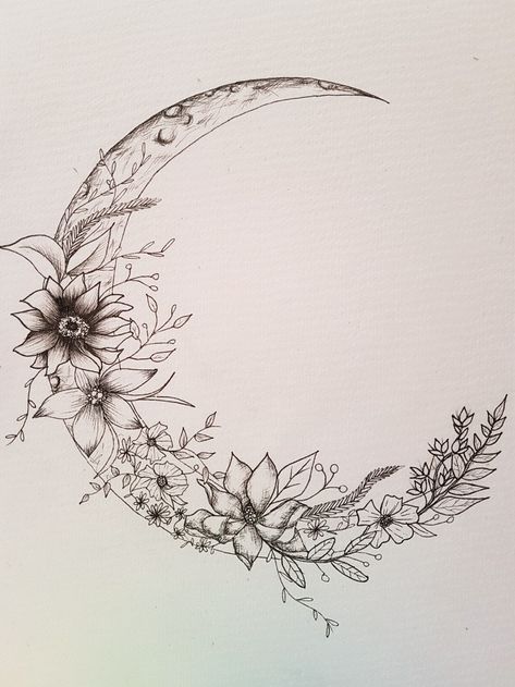 A crescent moon covered in flowers, drawn with fine liner pens on recycled paper https://www.etsy.com/shop/RosiesArtyStuff Witchy Mom Tattoo, Flower Moon And Stars Tattoo, Flower Moon Tattoo, Flowers Drawn, Half Moon Tattoo, Belly Art, Crescent Moon Tattoo, Aries Tattoo, Moon Tattoo Designs