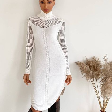 "Elegant openwork cotton dress for you 🛍️" White Knit Dress, Plain Sweaters, Dress Name, Pullover Mode, White Cotton Dress, Sweater Dresses, Sweater Collection, Knitted Dress, Daily Dress