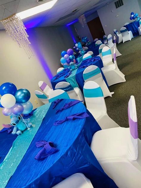 Stitch Table Centerpieces, Stitch Baby Shower Theme Boy, Stitch Baby Shower Theme, Baby Shower Party Planning, Stitch Party, Stitch Quotes, Gender Reveal Party Theme, 12 Birthday, Quinceanera Planning