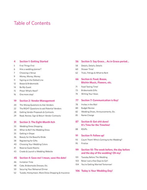 Table of Contents...     www.bitchlesbride.com/guide Wedding Binder Table Of Contents, Planner Table Of Contents, Planner Table, Wedding Planning Checklist Timeline, Diy Wedding Planner, Wedding Planning Binder, Magazine Table, Family Binder, Wedding Binder