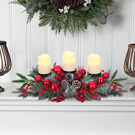 Amazon.com: Christmas Table Centerpieces Decorations, 21 Inch Candelabrum with 3 Glass Candle Holders Designed Red Plaid Ribbon, Artificial Red Berries and Snowy Pine Cones for Dining Room Table, Fireplace Mantel : Home & Kitchen Christmas Candle Holders Centerpieces, Christmas Decor Table Centerpieces, Christmas Dining Table Decorations, Gold Charger Plates, Golden Berries, Dining Table Decorations, Christmas Candle Centerpiece, Table Fireplace, Christmas Centers