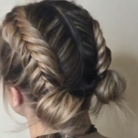 Double FISHTAIL Buns ✨ love the way @bouchyhair @bouchyhair makes the buns at the end! 😻👌🏼#frenchfishtail #beyondtheponytail French Braids With Buns At End, French Braid Buns Double, Fishtail Buns, Fishtail Bun, Fishtail Braid Updo, Dutch Fishtail Braid, Hoco Inspo, Fishtail Braids, Toddler Hairstyles Girl