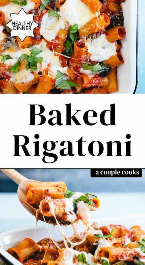 This easy baked rigatoni is all about crowd pleasing flavor! Bake this tublar pasta with garlicky tomato sauce, fresh basil, and gooey mozzarella. #rigatoni #pasta #bakedrigatoni #vegetariandinner #dinnerideas Easy Baked Rigatoni, Rigatoni Recipes, Main Recipes, Meatless Dishes, Baked Rigatoni, Rigatoni Pasta, Vegetarian Cookbook, Couple Cooking, Vegetarian Pasta