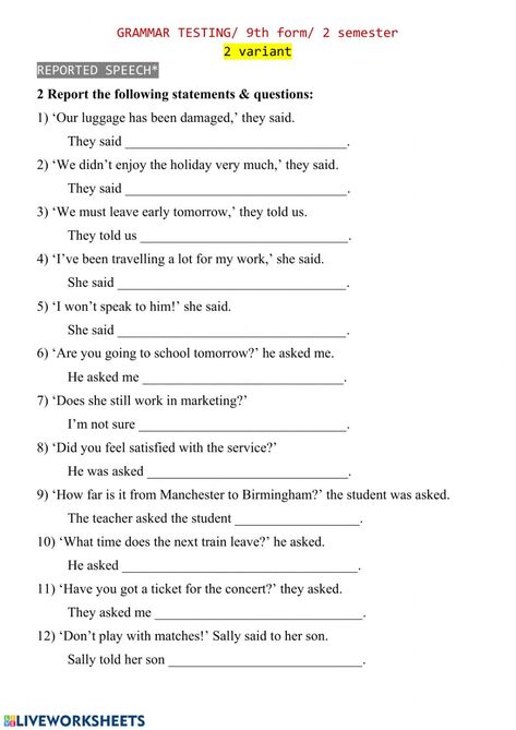 Reported Speech Test (2) worksheet Indirect Speech Worksheets, Language Acquisition Theories, Speech Worksheets, Hygiene Lessons, Part Of Speech Grammar, Direct And Indirect Speech, English Grammar Test, English Grammar Quiz, Indirect Speech