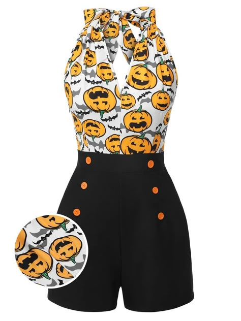 Black 1950s Halloween Pumpkin Halter Romper | Retro Stage 1950s Halloween, Halloween Dresses, Halloween Romper, Country Aesthetic, Random Crafts, Halter Romper, Clothes Pattern, Standard Dress, Vintage Fits