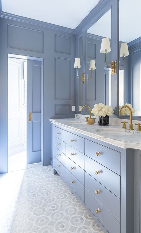 BLUE bathroom with millwork, SHOPHOUSE Geometric marble tile, paneled walls, brass hardware, dresser like vanity . pocket door Betsy Helm + Kiley Baun, SHOPHOUSE Design. Concrete Bathroom Vanity, Royal Vibes, Light Blue Bathroom, Blue Bathroom Tile, Blue Bathroom Vanity, Childrens Bathroom, Concrete Bathroom, Blue Cabinets, Bathroom Door