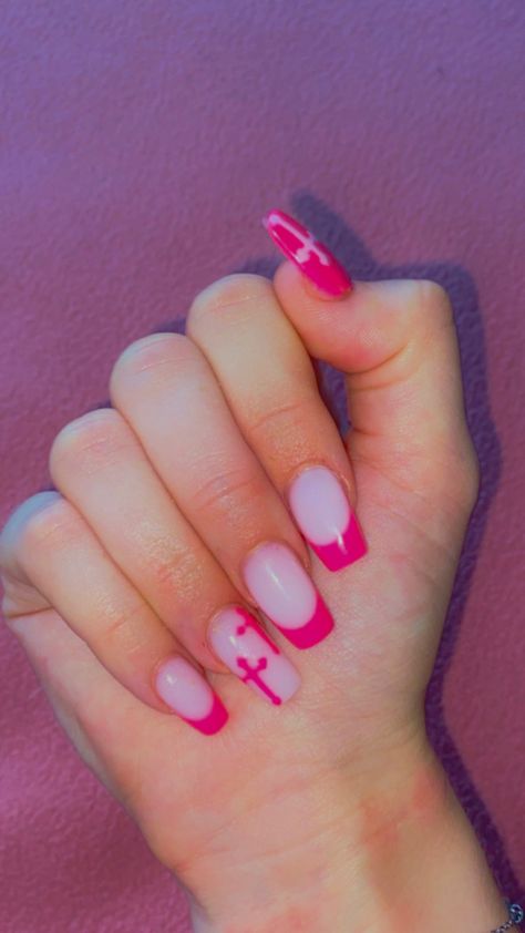 Pink Cross Nails, Nails With Cross, Cross Nail Designs, Bright Pink Nails, Neon Pink Nails, Cross Nails, Pink Cross, Grunge Nails, Cross Designs