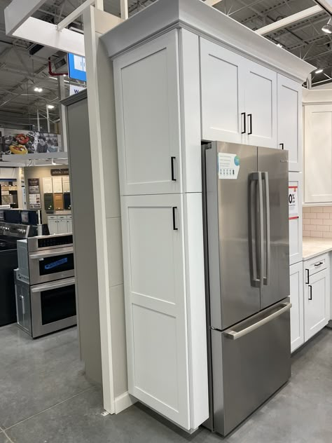 Boxed In Fridge, Built In Around Fridge, Fridge In Kitchen Ideas, Fridge With Pantry Surround, Fridge Built In Cabinet, Pantry Around Fridge, Refrigerator Wall With Cabinets, Side Of Fridge Ideas, Refrigerator Placement In Kitchen