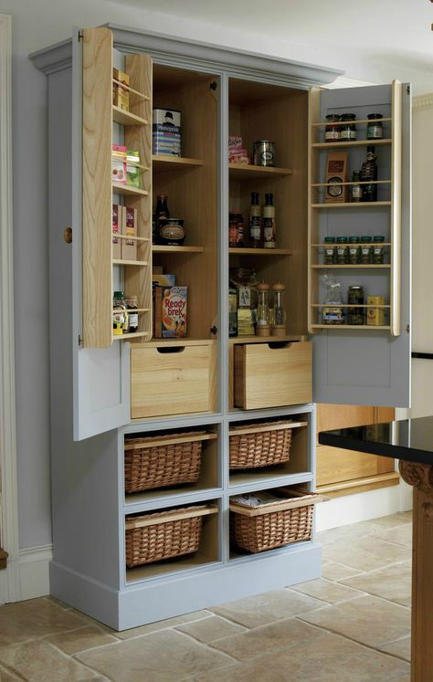 Free standing kitchen pantry by Bespoke Furniture Company. You make something like it from a TV armoire, or other wood cabinet you no longer use Desain Pantry Dapur, Free Standing Kitchen Pantry, Organiser Cucina, Tv Armoire, Kitchen Larder, Desain Pantry, Kabinet Dapur, Pantry Cupboard, Kitchen Pantry Design