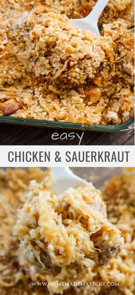 Chicken with sauerkraut and bulgur! This easy chicken recipe is perfect for meal prep as it makes a lot and is great for dinner...It does require you to like sauerkraut though - otherwise you might want to skip on this delicious sauerkraut recipe...If you do like sauerkraut - you'll love this recipe! Dinners With Sauerkraut, Chicken And Sauerkraut, Dinner Recipes With Sauerkraut, Chicken Sauerkraut Recipes, Saurkraut And Chicken, What To Make With Sauerkraut, Chicken And Sauerkraut Recipes, Sour Crout Recipe, Chicken Sauerkraut