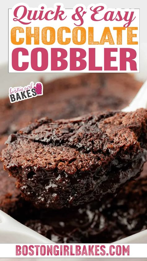 This gooey chocolate cobbler recipe is so quick and easy to mix up. A fudgy chocolate cake sits on top of a layer of hot fudge sauce. Top it with ice cream for a decadent dessert everyone will love. You don’t need a mixer and it takes 15 minutes or less to mix up!​ This southern chocolate cobbler recipe, also known as chocolate pudding cake, is an easy dessert to bring to your next potluck or get-together. Make this Easy Gooey Chocolate Cobbler Recipe! | @bostongirlbakes Easy Chocolate Cobbler Recipe Cake Mixes, No Bake Chocolate Desserts Easy, Chocolate Cobbler Easy, Easy Cobbler Recipes, Southern Chocolate Cobbler, Chocolate Cobbler Recipe, Soft Chocolate Cake, Easy Fall Dessert Recipes, Fudgy Chocolate Cake