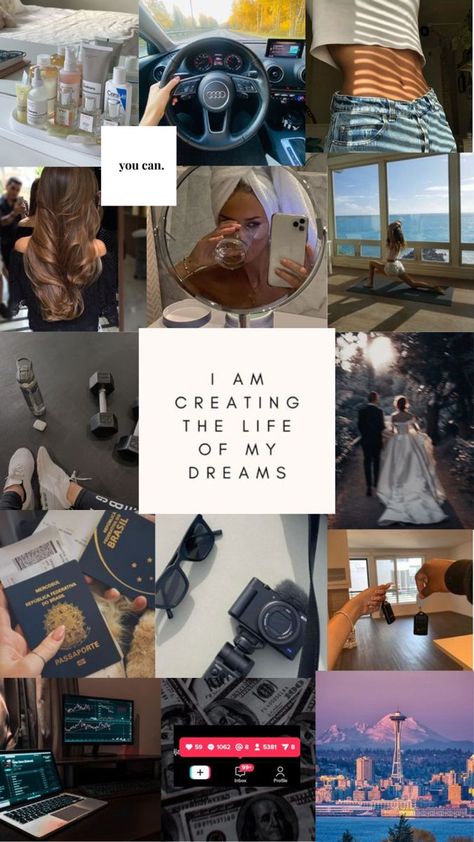 manifesting money wallpaper aesthetic Traveling With The Love Of My Life, Manifestating Quotes, Slim Figure Vision Board, Visual Manifestation, Wallpaper Affirmations, Vision Board Collage, Studera Motivation, Vision Board Examples, Board Wallpaper