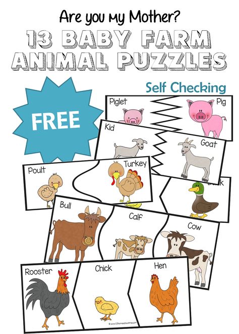 Are you my mother - FREE 13 baby farm animals puzzles for toddler, preschool, kindergarten to learn about farm animals and their names. Farm Animals Preschool, 123 Homeschool 4 Me, Farm Animals Activities, Baby Animal Names, Are You My Mother, Farm Theme Preschool, Farm Unit, Farm Animals Theme, Farm Preschool