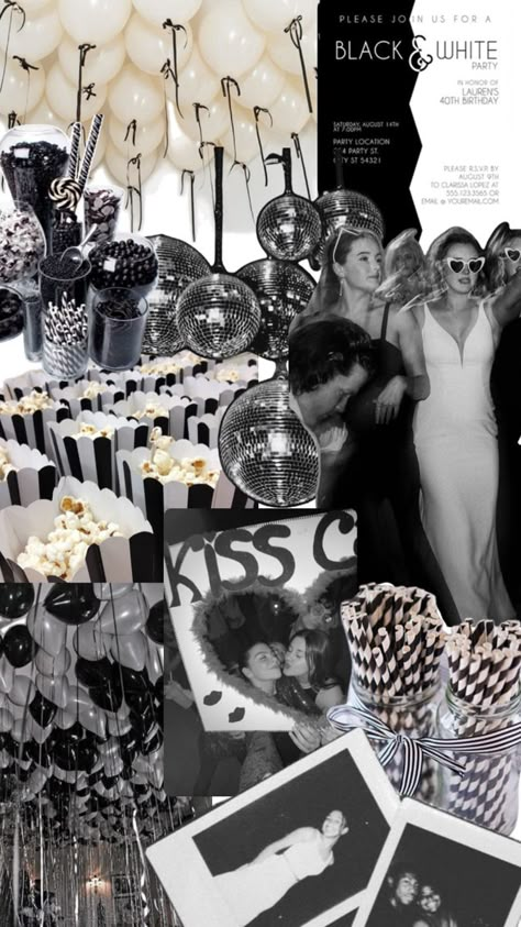 Black And White Slumber Party, Black White And Silver Birthday Party, Black N White Birthday Party Ideas, Black And Silver 30th Birthday Party, White Out Birthday Party Theme, Bow Tie Theme Party, Black And White Sweet Sixteen, Black And White Dinner Table Decor, Black And White Bday Theme