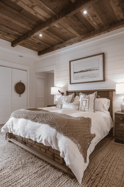 Wood Ceiling Master Bed, Wood Bedroom Ceiling, Wood Ceiling Bedroom, Farmhouse Life, Distressed Wood Furniture, Farmhouse Bedrooms, Crooked House, Cozy Spaces, Wood Ceiling