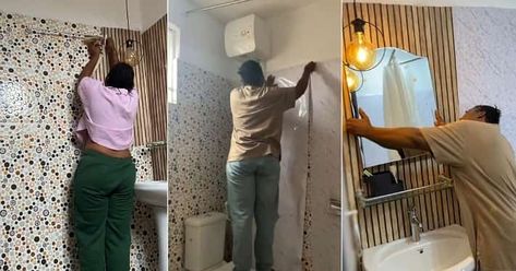 A Nigerian lady has gone viral on social media after renovating her bathroom to her taste. The rich lady used a fine wallpaper to design the bathroom wall. Nigerian Homes Interior, Nigerian Living Room Designs, Nigerian Kitchen Design, Nigerian Interior Design, Fine Wallpaper, Renting Apartment, Rich Lady, Her Bathroom, Bathroom Pendant