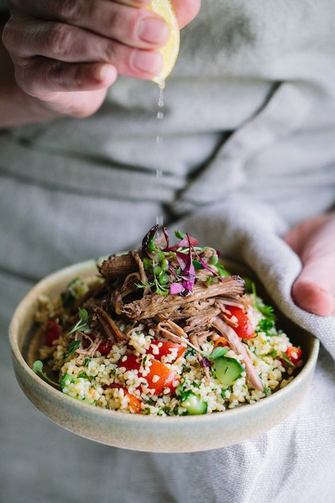 Tabbouleh bowl with shredded lamb - Lamb Bowl, Shredded Lamb, Grilled Courgette, Lamb Steaks, Lamb Skewers, Slow Cooked Lamb, Grilled Lamb, White Bean Soup, Lebanese Recipes