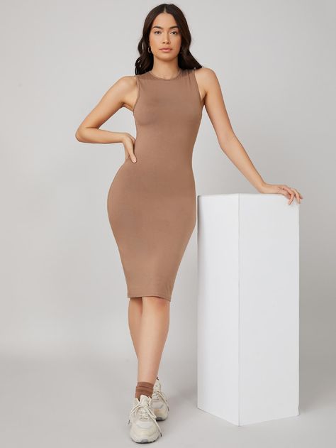 Solid Bodycon Dress | SHEIN Shein Basics, Ooh Ahh, Maxi Outfits, Maxi Dress Outfit, Women Bodycon Dress, Racerback Dress, Women Formals, Ruffle Hem Dress, Solid Dress